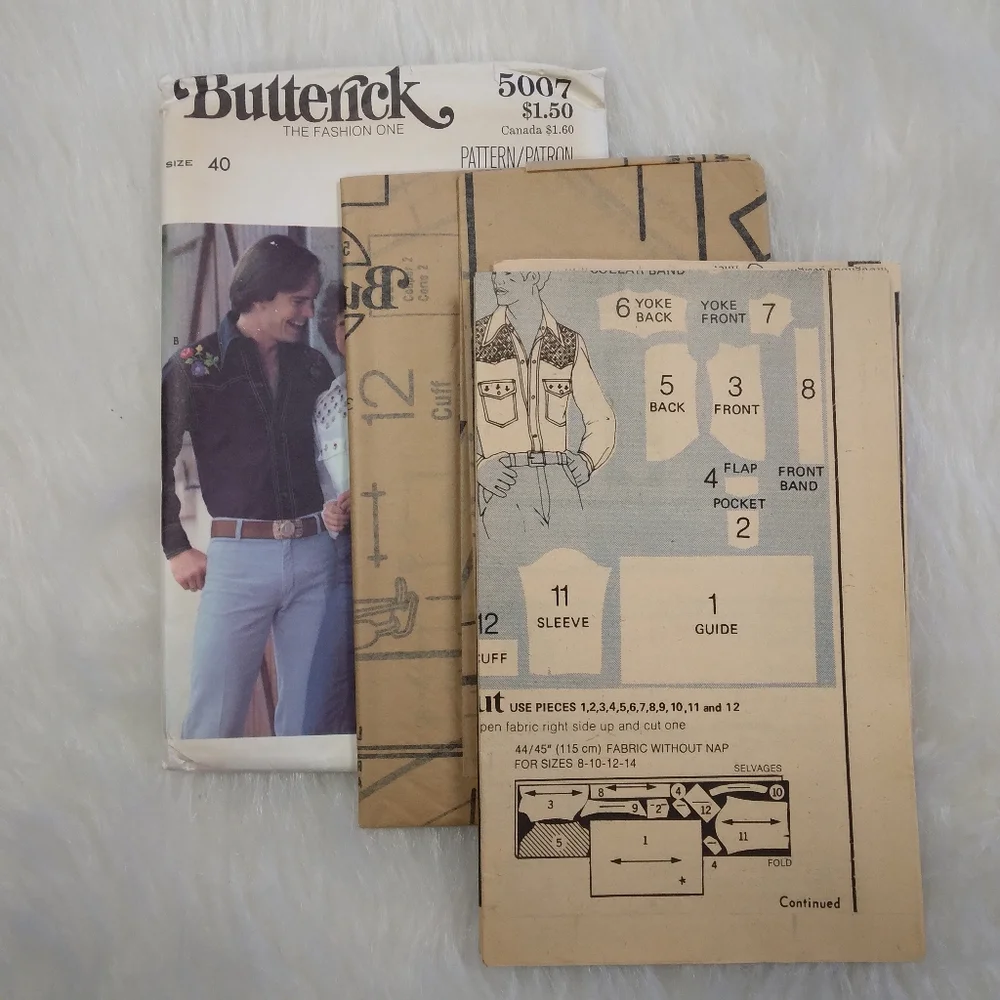 BUTTERICK 5007 Chest 40 Men's Button Front Shirt Front & Back Yokes Pointed Coll